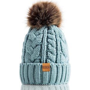 Womens Winter Warm Fleece Lined Knitted Soft Ski Cuff Beanie Hat with Pom Pom